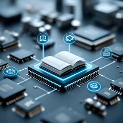 Poster - Digital Literacy: An Open Book on a Microchip Symbolizes Technology, Education, and the Power of Digital Information 