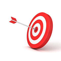 Poster - Red arrow hit to the center of goal target dartboard isolated on white background with shadow the business creative idea concepts 3D rendering