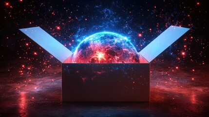 Poster - Cosmic Surprise: A Glowing Planet Unveiled from a Mysterious Box