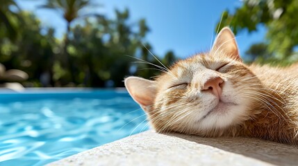 sleeping orange cat by the pool on a sunny day vacation