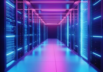 Poster - Futuristic data center corridor glowing with bright pink and blue neon lights, ideal for cloud technology marketing, cybersecurity promotions, and innovative tech projects