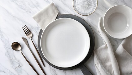 Poster - Food stylist presentation background mockup. Top generative AI view of empty plates with cutlery on white marble background. 3D rendering. Menu lunch breakfast dinner side dish table setting