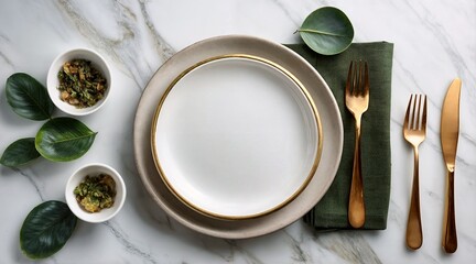 Poster - Food stylist presentation background mockup. Top generative AI view of empty plates with cutlery on white marble background. 3D rendering. Menu lunch breakfast dinner side dish table setting