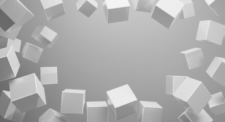 Poster - Abstract 3D Render of Floating White Cubes in Grey Background A Modern Minimalist Design Concept
