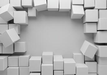 Poster - Abstract 3D Render of Gray Cubes Forming a Frame, Minimalist Geometric Background Design, Modern Art Style, Clean and Simple Design, Empty Space for Text or Logo