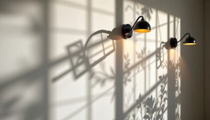 Poster - geometric shadow play modern light fixtures casting intricate shadows on a wall, creating an interplay of light and design.