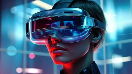 Poster - A person engages with advanced virtual reality technology, showcasing the innovative design and vibrant colors of the futuristic setting
