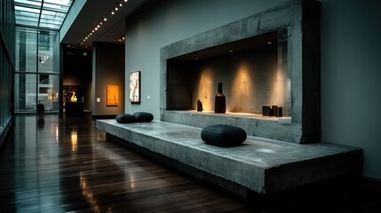 Poster - Serene modern art gallery interior with exhibits and architectural design