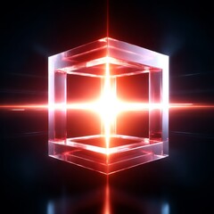 Poster - Luminous Crystal Cube: Abstract Digital Art Featuring Radiant Light and Reflections on a Dark, Geometric Background