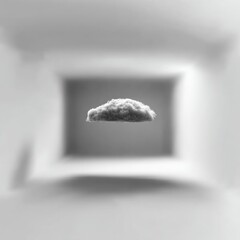 Poster - Monochromatic Dreamscape: A Solitary Cloud Suspended in a Minimalist Gray Room, Evoking Serenity and Abstract Thought
