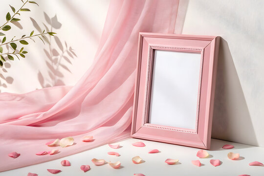 Wooden frame mockup in pink minimalistic room with copy space for artwork, photo or print presentation	