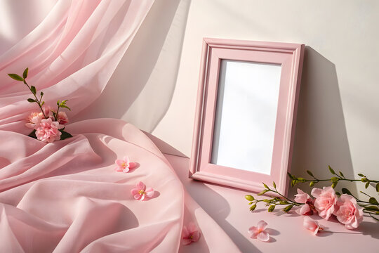 Wooden frame mockup in pink minimalistic room with copy space for artwork, photo or print presentation	
