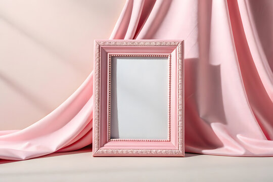Wooden frame mockup in pink minimalistic room with copy space for artwork, photo or print presentation	