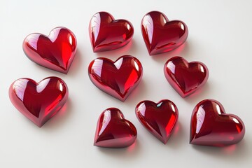 Poster - Arrangement of nine shiny red heart shaped objects on a white surface in a top down view