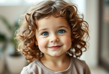 portrait of a 3-year-old female toddler with curly brown hair and bright blue eyes