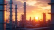 © pkproject - Dramatic Sunset Over Sprawling Oil Refinery with Towering Chimneys and Pipelines