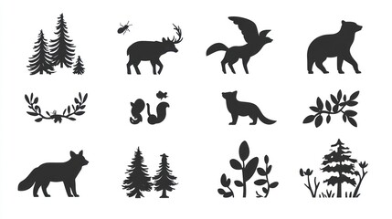Forest animal silhouettes; nature design; wildlife icons; graphic;  website decoration