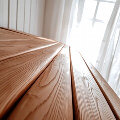 Poster - A cozy wooden table surrounded by soft white curtains creating an inviting atmosphere at home