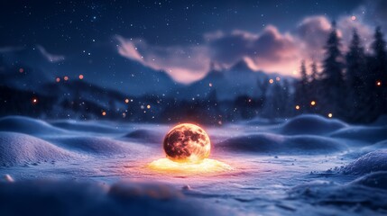 Wall Mural - Enchanted moonrise over a snowy landscape at twilight