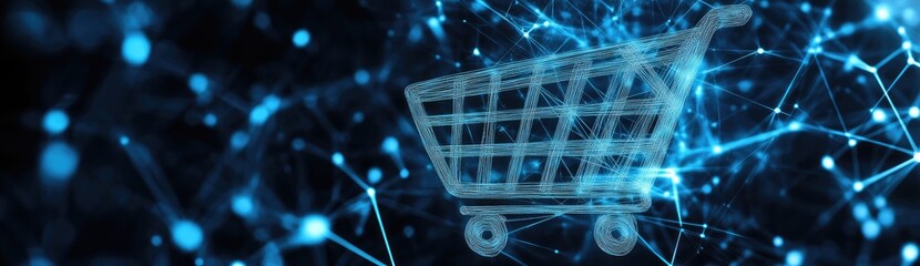 Poster - Digital Blue Shopping Cart Connected with Dots and Lines Depicting Online Retail Technology