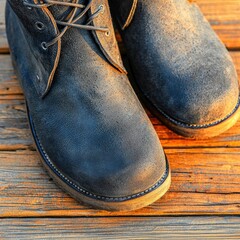 Poster - A pair of sturdy boots positioned on a gleaming wooden floor highlighting durability and fashion