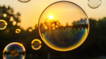 Poster - Single soap bubble floating gracefully in the air with a reflection of colors and light around it