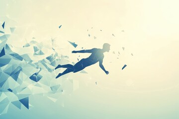 Poster - Silhouette of a man floating amidst geometric shapes against a light colored gradient background