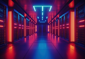 Poster - Futuristic server room illuminated by vibrant red and blue neon lights, ideal for cloud computing promotions, cybersecurity marketing, and innovative digital infrastructure visuals