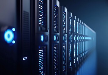 Poster - Long futuristic corridor of blue-lit servers extending into distance, ideal for cloud computing visuals, cybersecurity marketing, IT infrastructure promotions, and technology innovation themes