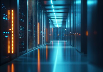 Poster - Futuristic server hallway featuring blue and orange neon reflections on polished floors, ideal for cybersecurity promotions, cloud technology visuals, and IT infrastructure projects
