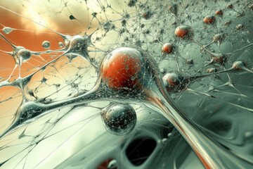Poster - Abstract network of interconnected spheres with a large red sphere in the foreground view