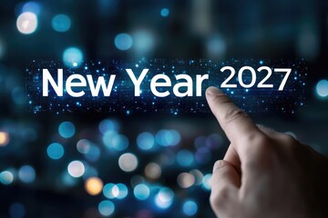 Poster - Finger Touches New Year 2027 Display Blue Bokeh Lights