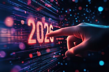 Aufkleber - finger touches red 2026 on dark digital background with blue and purple light streaks and bokeh acce