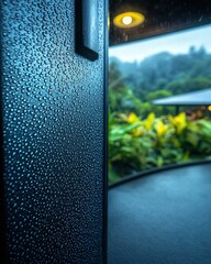 Poster - Close-up of raindrops collecting on a glass door with a beautiful out-of-focus background scene