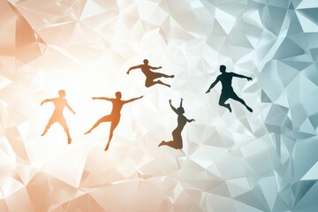Poster - Silhouettes of people in dynamic poses against a geometric polygonal background in orange and blue hues