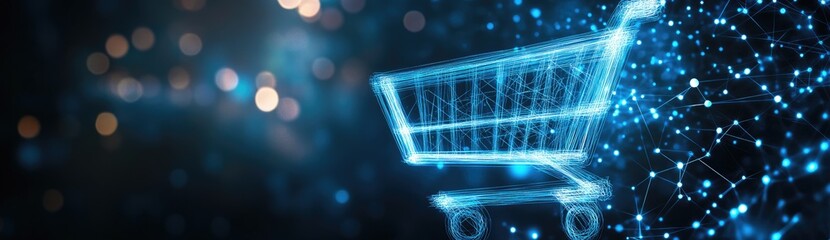 Aufkleber - glowing blue shopping cart made of light particles on dark bokeh background representing digital onl