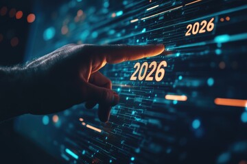 Aufkleber - hand interacts with futuristic digital display showing the year 2026 with blue and orange light in a