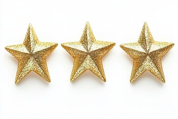 Poster - Three golden glittery stars aligned on a white surface with a bright and clean appearance overall