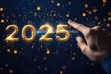 Aufkleber - hand touching sparkling golden 2025 on dark blue background with bokeh dots