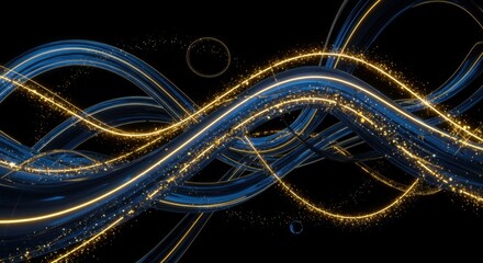 Poster - Abstract Swirling Blue and Gold Glowing Lines Design, Dynamic Energy, Luxurious Background, Elegant Waves, Sparkling Particles, Modern Art, Digital Illustration, Futuristic Technology, 3D Render