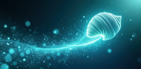 Fototapete - A glowing, abstract croissant-shaped object emits a sparkling trail in a futuristic, digital environment.