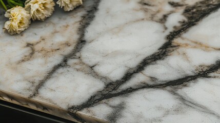 Poster - Floral arrangement on a marble table surface surrounded by soft natural light for a fresh feel