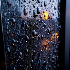 Poster - Rain drops collecting on a window pane with a soft background creating a peaceful and calm scene