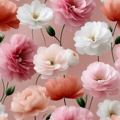 Poster - Delicate ranunculus and roses grace this wallpaper pattern, showcasing soft shades of pink, white, and coral for a charming ambiance. SEAMLESS PATTERN