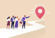 © nadzeya26 - Business Way Concept. Vector cartoon illustration of a group of people in business suits standing at the start of a path with a leader at the head pointing to the final location pin.