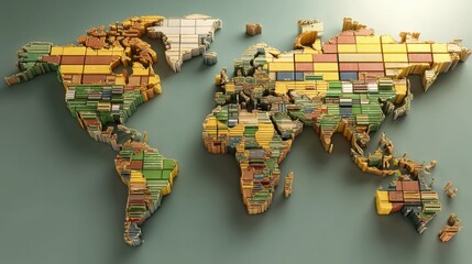 Poster - Colorful 3D model of world map composed of small blocks, representing global trade and logistics. Light teal background.