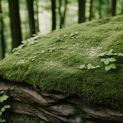Poster - Moss covered rock nestled in a dense forest with sunlight filtering through the lush green canopy