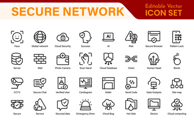 Cybersecurity Safety Icons – Secure Network, Data Protection, Firewall, Password, Hacking Prevention – Vector, Outline, Line, Minimal, Illustration
