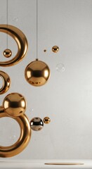 Poster - Abstract Golden Sphere and Ring Composition: Minimalist 3D Render of Elegant Metallic Design Elements Against a Neutral Background