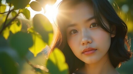 Aufkleber - A young woman stands among green leaves, sunlight softly illuminating her face, creating a serene and natural atmosphere.